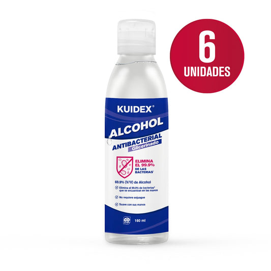 Alcohol antibacterial glicerinado Kuidex® x 160 mL -bolsa x 6 unid