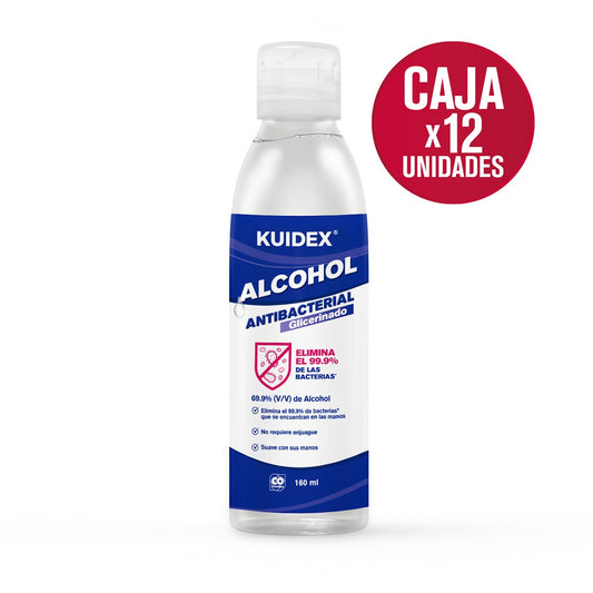 Alcohol antibacterial glicerinado Kuidex® x 160 mL - caja x 12 unid